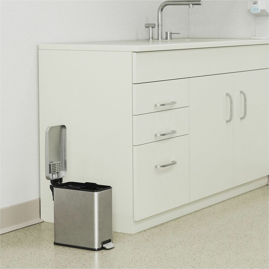 HLS Commercial Fire-Rated Soft Step Trash Can - 3 gal Capacity - Pedal Control, Durable, Smooth, Lid Closure, Fingerprint Proof, Fire Retardant, Removable Inner Bin, Handle - 13.8" Height x 6.5" Width - Stainless Steel - Silver - 1 Each