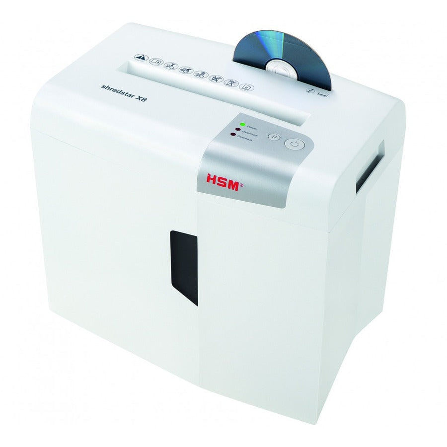 HSM shredstar X8 - 3/16" x 1 1/8" + Sep. CD Cutting Unit - Particle Cut - 8 Per Pass - for shredding CD, DVD, Paper, Staples, Paper Clip, Credit Card - 0.188" x 1.125" Shred Size - P-4/O-1/T-2/E-2/F-1 - 8.66" Throat - 4.80 gal Wastebin Capacity - Whi