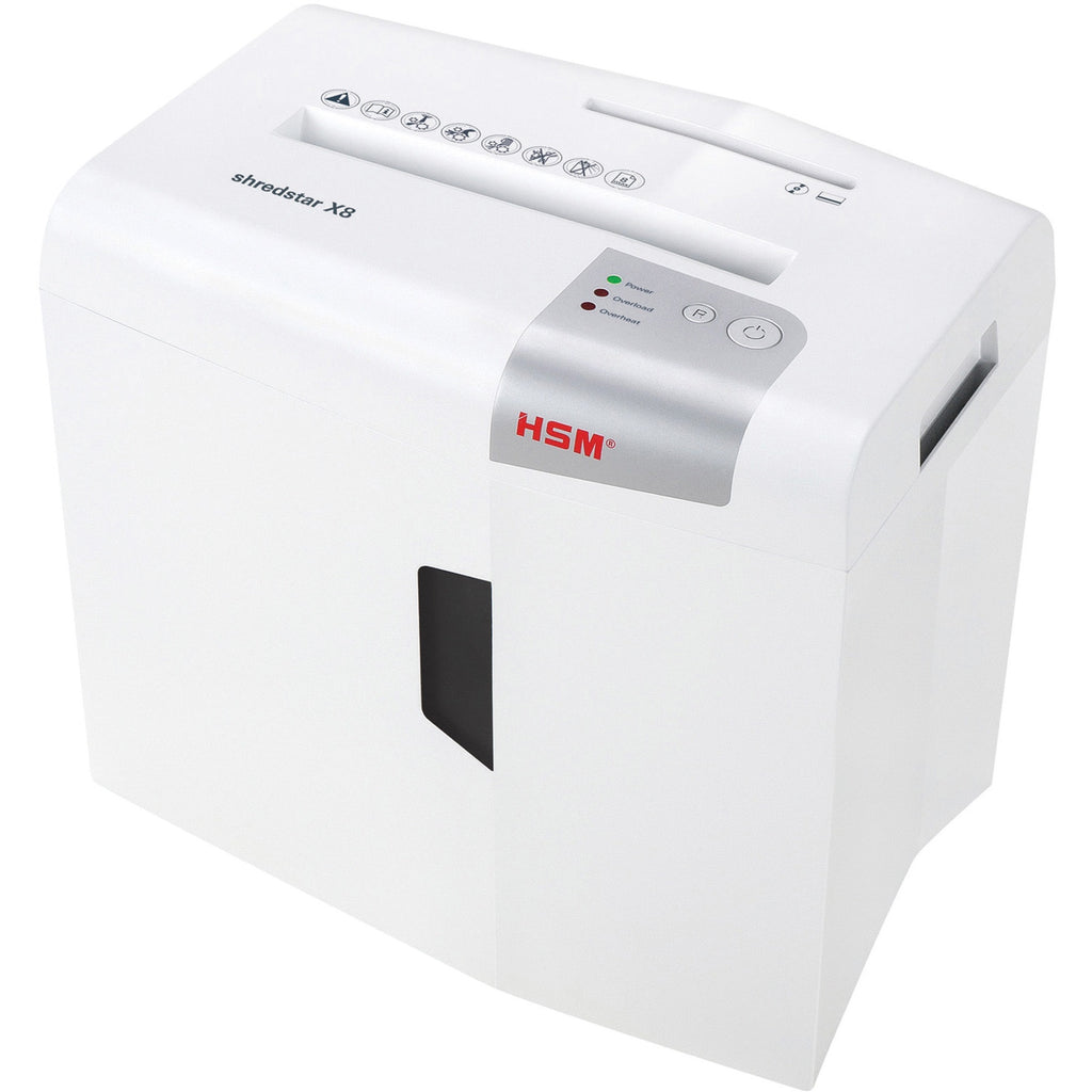 HSM shredstar X8 - 3/16" x 1 1/8" + Sep. CD Cutting Unit - Particle Cut - 8 Per Pass - for shredding CD, DVD, Paper, Staples, Paper Clip, Credit Card - 0.188" x 1.125" Shred Size - P-4/O-1/T-2/E-2/F-1 - 8.66" Throat - 4.80 gal Wastebin Capacity - Whi