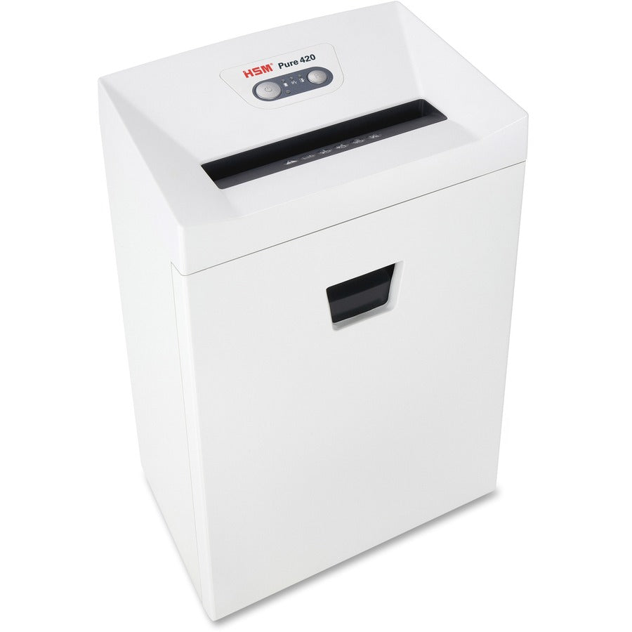 HSM Pure 420 - 3/16" x 1 1/8" - Continuous Shredder - Particle Cut - 15 Per Pass - for shredding Staples, Paper, Paper Clip, Credit Card, CD, DVD - 0.188" x 1.125" Shred Size - P-4/O-3/T-4/E-3/F-1 - 9.45" Throat - 9.20 gal Wastebin Capacity - White -