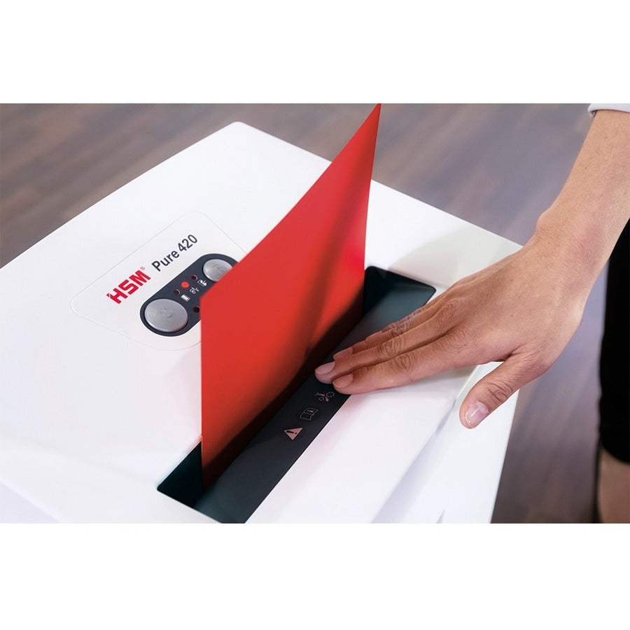 HSM Pure 420 - 3/16" x 1 1/8" - Continuous Shredder - Particle Cut - 15 Per Pass - for shredding Staples, Paper, Paper Clip, Credit Card, CD, DVD - 0.188" x 1.125" Shred Size - P-4/O-3/T-4/E-3/F-1 - 9.45" Throat - 9.20 gal Wastebin Capacity - White -