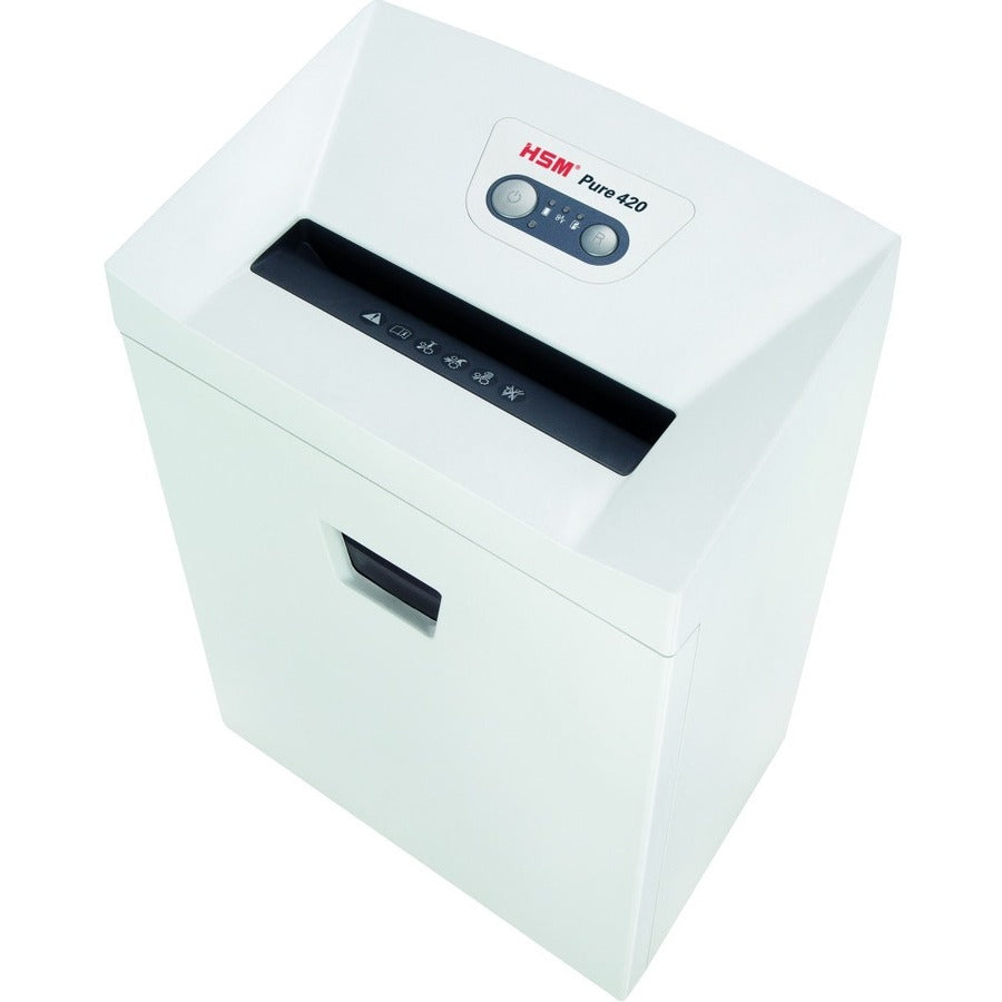 HSM Pure 420 - 3/16" x 1 1/8" - Continuous Shredder - Particle Cut - 15 Per Pass - for shredding Staples, Paper, Paper Clip, Credit Card, CD, DVD - 0.188" x 1.125" Shred Size - P-4/O-3/T-4/E-3/F-1 - 9.45" Throat - 9.20 gal Wastebin Capacity - White -