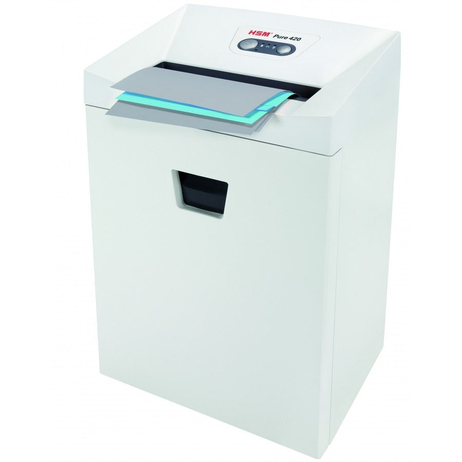 HSM Pure 420 - 3/16" x 1 1/8" - Continuous Shredder - Particle Cut - 15 Per Pass - for shredding Staples, Paper, Paper Clip, Credit Card, CD, DVD - 0.188" x 1.125" Shred Size - P-4/O-3/T-4/E-3/F-1 - 9.45" Throat - 9.20 gal Wastebin Capacity - White -