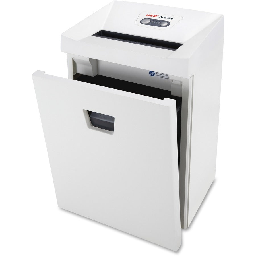 HSM Pure 420 - 3/16" x 1 1/8" - Continuous Shredder - Particle Cut - 15 Per Pass - for shredding Staples, Paper, Paper Clip, Credit Card, CD, DVD - 0.188" x 1.125" Shred Size - P-4/O-3/T-4/E-3/F-1 - 9.45" Throat - 9.20 gal Wastebin Capacity - White -