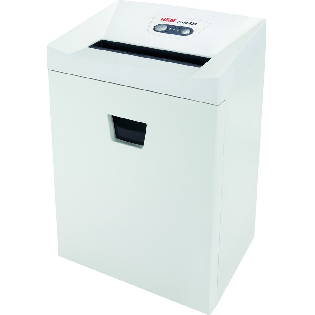 HSM Pure 420 - 3/16" x 1 1/8" - Continuous Shredder - Particle Cut - 15 Per Pass - for shredding Staples, Paper, Paper Clip, Credit Card, CD, DVD - 0.188" x 1.125" Shred Size - P-4/O-3/T-4/E-3/F-1 - 9.45" Throat - 9.20 gal Wastebin Capacity - White -