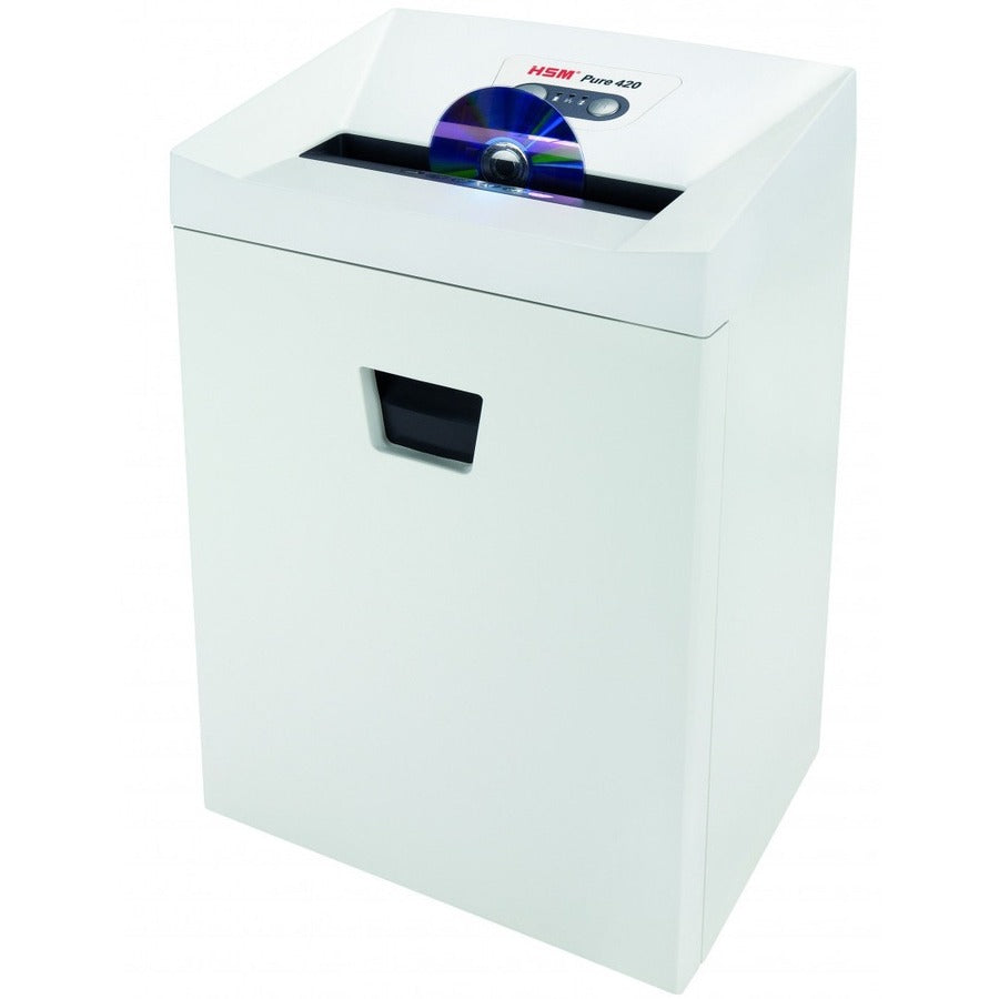 HSM Pure 420 - 3/16" x 1 1/8" - Continuous Shredder - Particle Cut - 15 Per Pass - for shredding Staples, Paper, Paper Clip, Credit Card, CD, DVD - 0.188" x 1.125" Shred Size - P-4/O-3/T-4/E-3/F-1 - 9.45" Throat - 9.20 gal Wastebin Capacity - White -