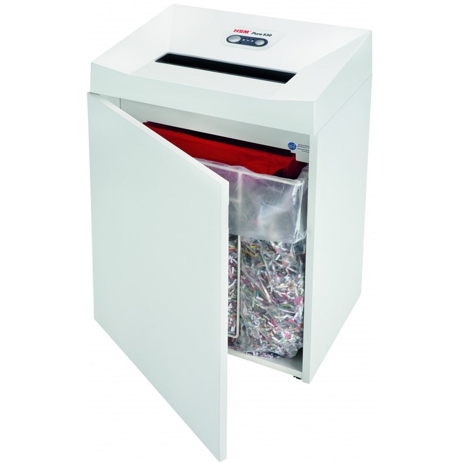 HSM Pure 530 - 3/16" x 1 1/8" - Continuous Shredder - Particle Cut - 16 Per Pass - for shredding Staples, Paper, Paper Clip, Credit Card, CD, DVD - 0.188" x 1.125" Shred Size - P-4/O-3/T-4/E-3/F-1 - 11.81" Throat - 21.10 gal Wastebin Capacity - White