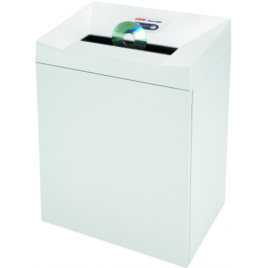 HSM Pure 530 - 3/16" x 1 1/8" - Continuous Shredder - Particle Cut - 16 Per Pass - for shredding Staples, Paper, Paper Clip, Credit Card, CD, DVD - 0.188" x 1.125" Shred Size - P-4/O-3/T-4/E-3/F-1 - 11.81" Throat - 21.10 gal Wastebin Capacity - White