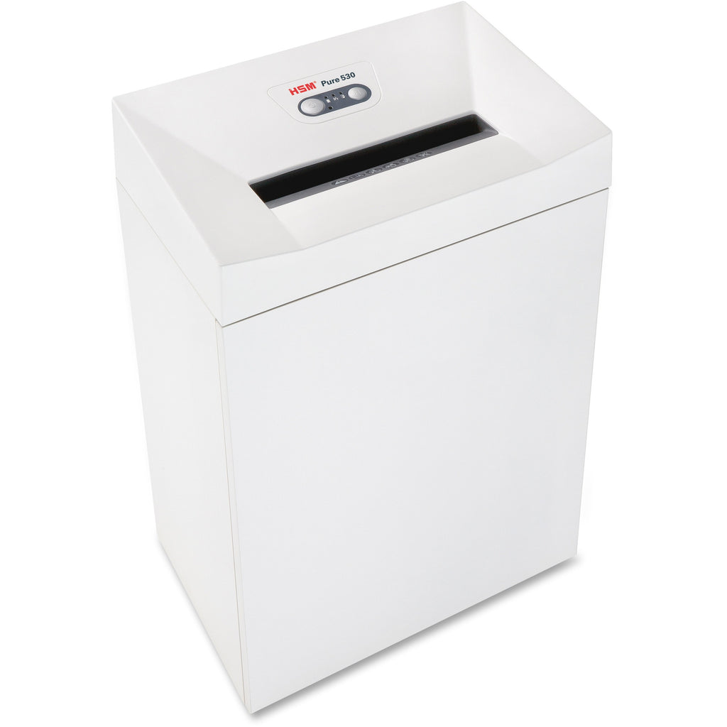 HSM Pure 530 - 3/16" x 1 1/8" - Continuous Shredder - Particle Cut - 16 Per Pass - for shredding Staples, Paper, Paper Clip, Credit Card, CD, DVD - 0.188" x 1.125" Shred Size - P-4/O-3/T-4/E-3/F-1 - 11.81" Throat - 21.10 gal Wastebin Capacity - White