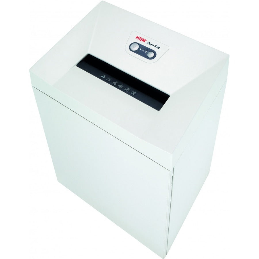HSM Pure 530 - 3/16" x 1 1/8" - Continuous Shredder - Particle Cut - 16 Per Pass - for shredding Staples, Paper, Paper Clip, Credit Card, CD, DVD - 0.188" x 1.125" Shred Size - P-4/O-3/T-4/E-3/F-1 - 11.81" Throat - 21.10 gal Wastebin Capacity - White
