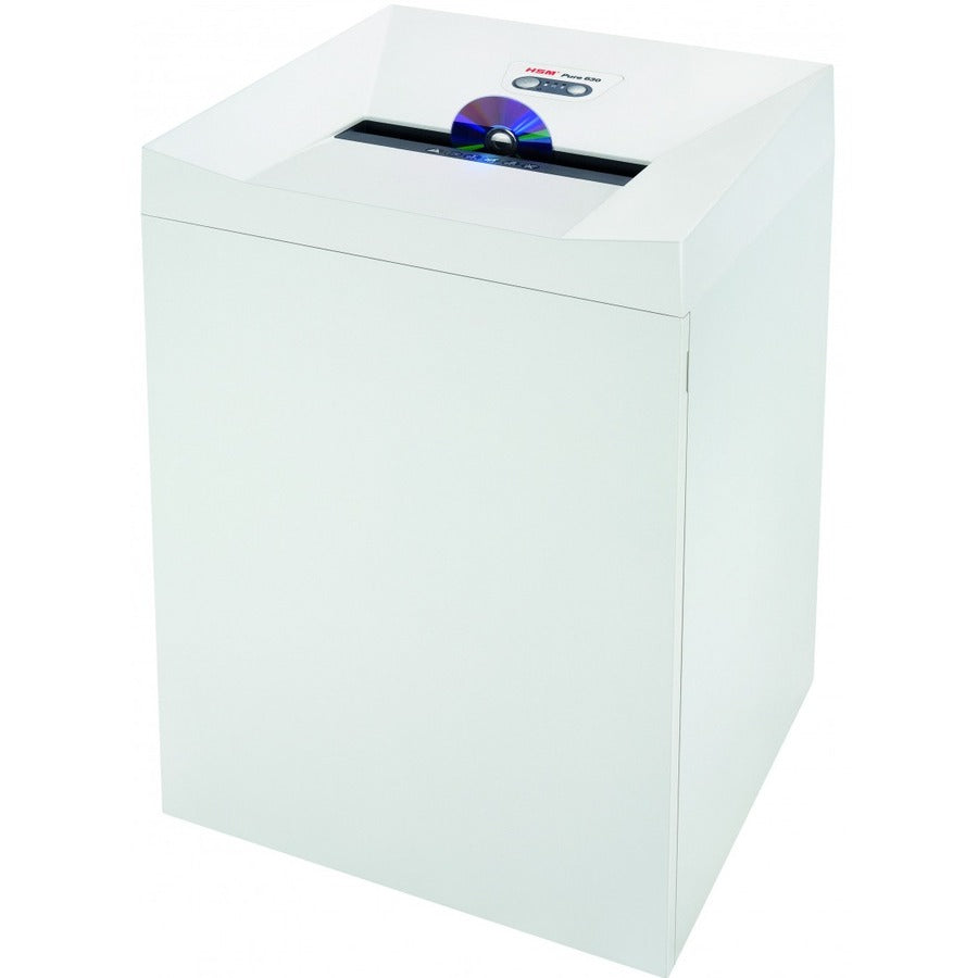 HSM Pure 630 - 3/16" x 1 1/8" - Continuous Shredder - Particle Cut - 22 Per Pass - for shredding Staples, Paper, Paper Clip, Credit Card, CD, DVD - 0.188" x 1.125" Shred Size - P-4/O-3/T-4/E-3/F-1 - 12.20" Throat - 34.30 gal Wastebin Capacity - White