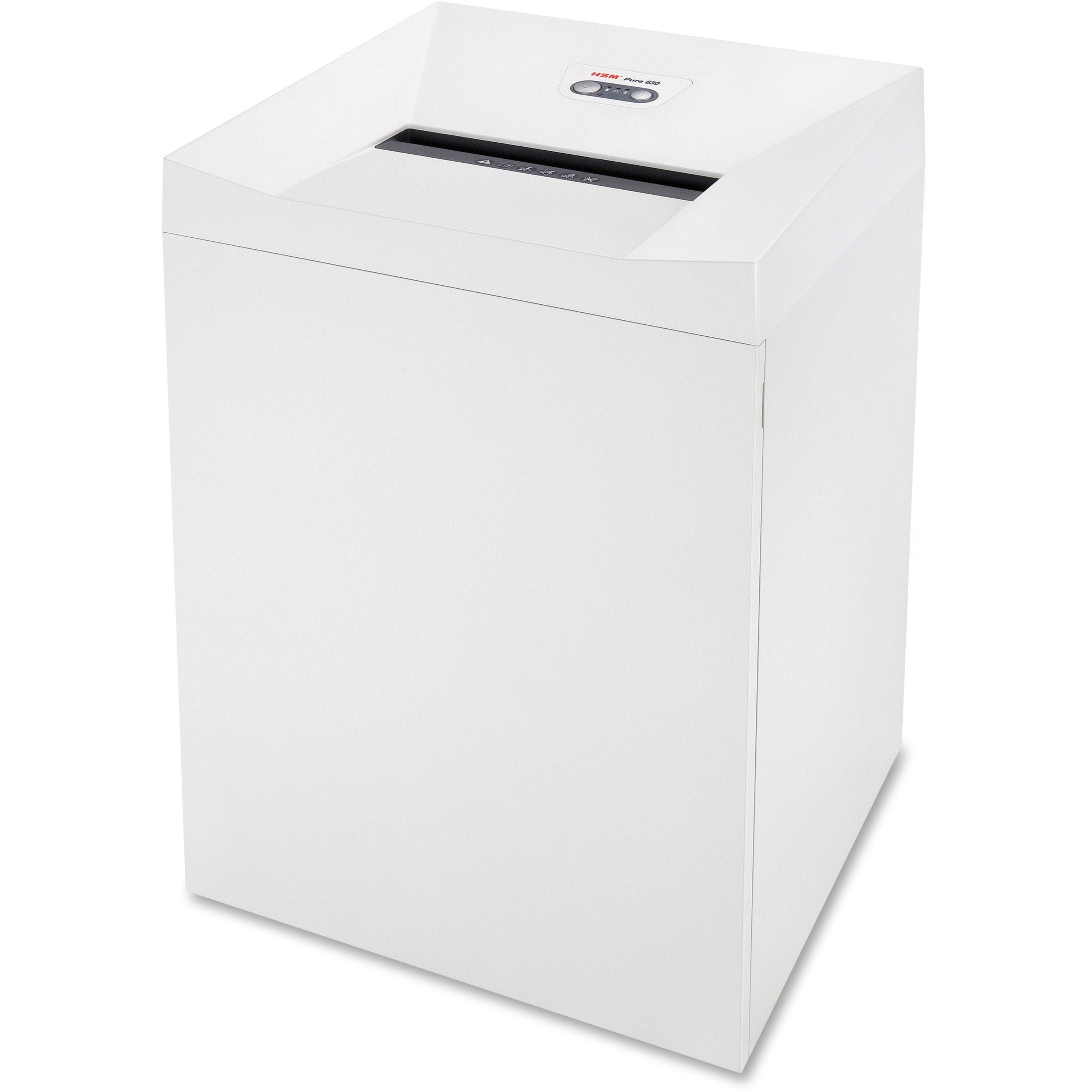 HSM Pure 630 - 3/16" x 1 1/8" - Continuous Shredder - Particle Cut - 22 Per Pass - for shredding Staples, Paper, Paper Clip, Credit Card, CD, DVD - 0.188" x 1.125" Shred Size - P-4/O-3/T-4/E-3/F-1 - 12.20" Throat - 34.30 gal Wastebin Capacity - White