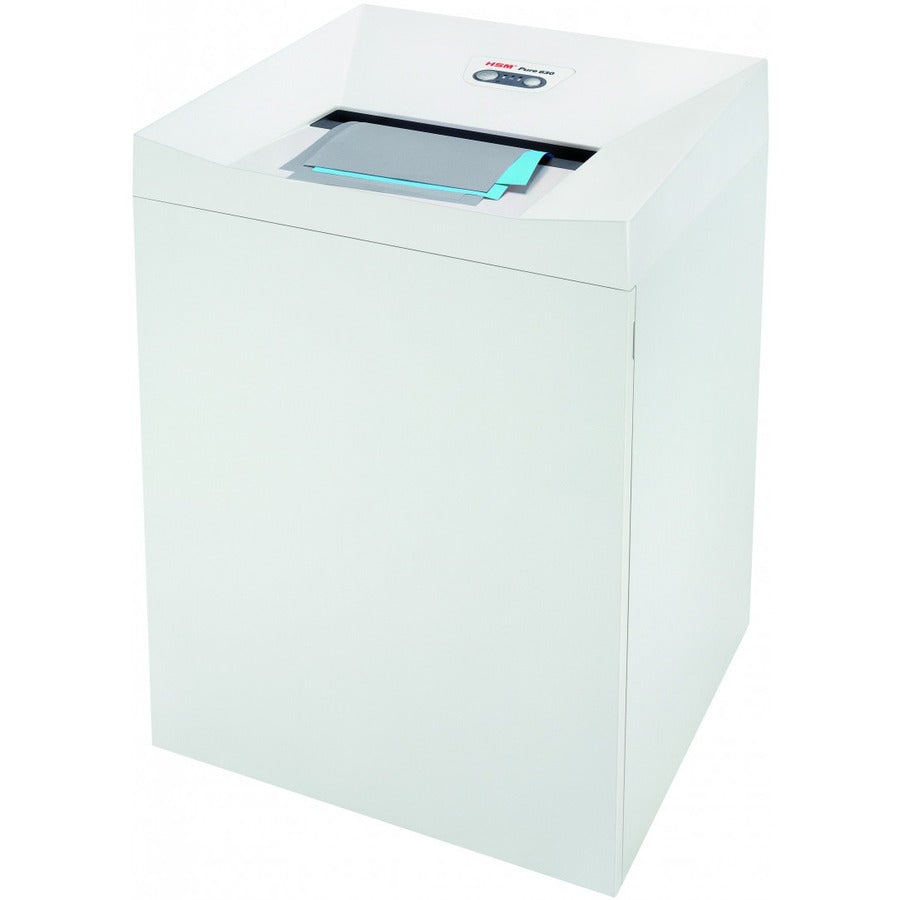 HSM Pure 630 - 3/16" x 1 1/8" - Continuous Shredder - Particle Cut - 22 Per Pass - for shredding Staples, Paper, Paper Clip, Credit Card, CD, DVD - 0.188" x 1.125" Shred Size - P-4/O-3/T-4/E-3/F-1 - 12.20" Throat - 34.30 gal Wastebin Capacity - White