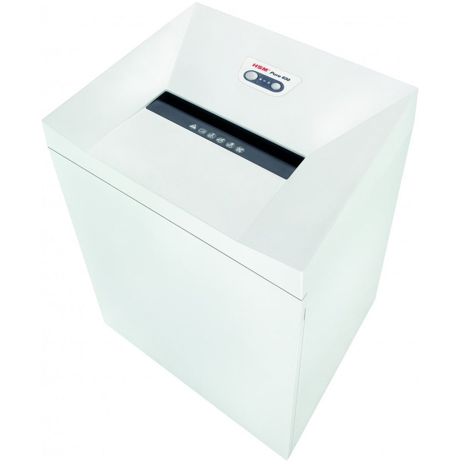 HSM Pure 630 - 3/16" x 1 1/8" - Continuous Shredder - Particle Cut - 22 Per Pass - for shredding Staples, Paper, Paper Clip, Credit Card, CD, DVD - 0.188" x 1.125" Shred Size - P-4/O-3/T-4/E-3/F-1 - 12.20" Throat - 34.30 gal Wastebin Capacity - White