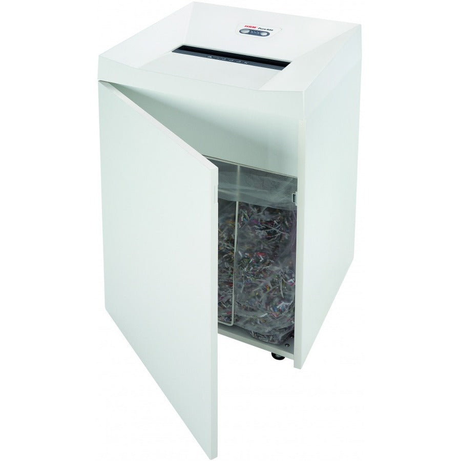 HSM Pure 630 - 3/16" x 1 1/8" - Continuous Shredder - Particle Cut - 22 Per Pass - for shredding Staples, Paper, Paper Clip, Credit Card, CD, DVD - 0.188" x 1.125" Shred Size - P-4/O-3/T-4/E-3/F-1 - 12.20" Throat - 34.30 gal Wastebin Capacity - White