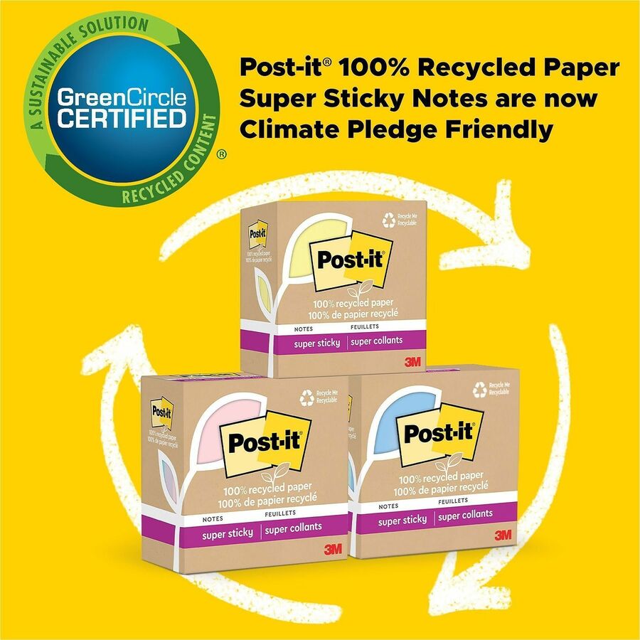 100% Recycled Paper Super Sticky Notes, 3" x 3", Oasis, 70 Sheets/Pad, 24 Pads/Pack