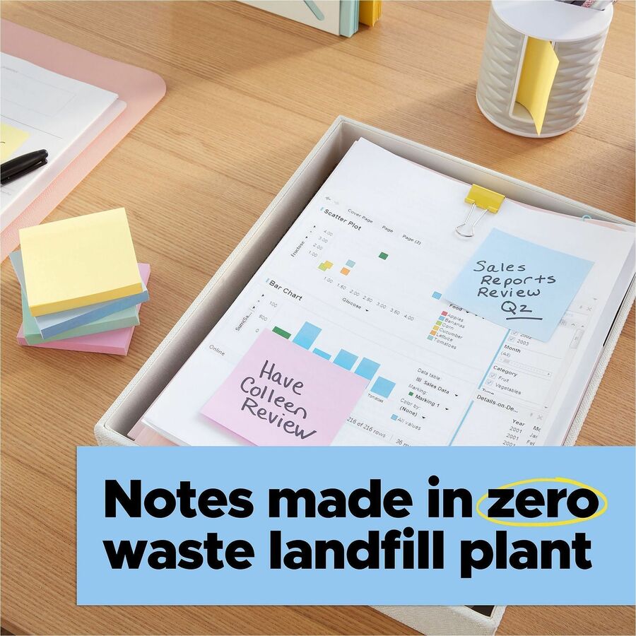 100% Recycled Paper Super Sticky Notes, 3" x 3", Oasis, 70 Sheets/Pad, 24 Pads/Pack