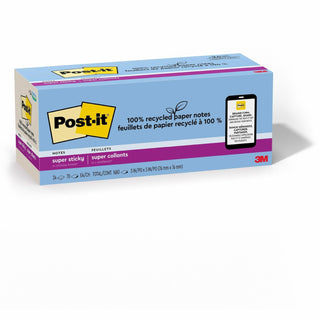 100% Recycled Paper Super Sticky Notes, 3" x 3", Oasis, 70 Sheets/Pad, 24 Pads/Pack