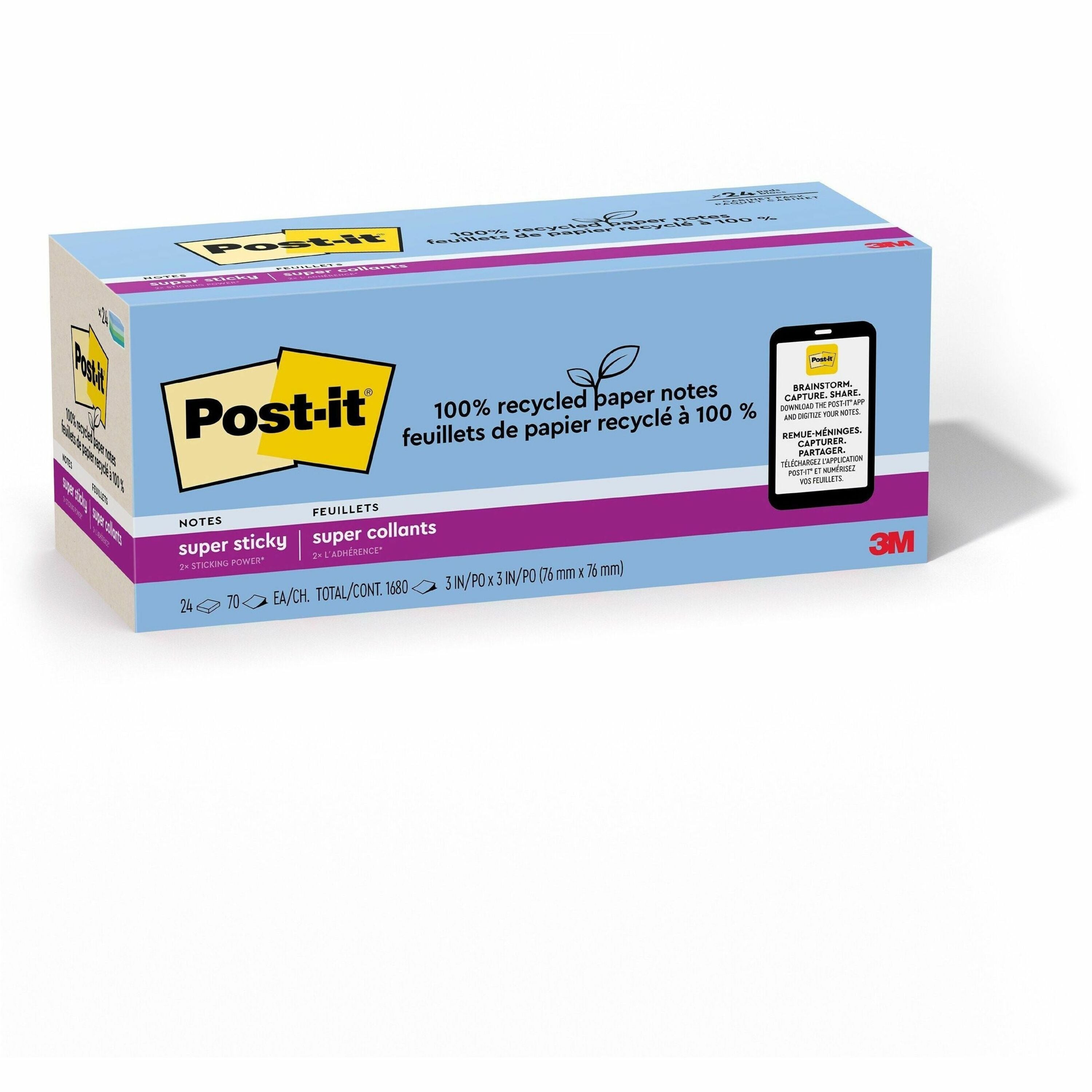 100% Recycled Paper Super Sticky Notes, 3" x 3", Oasis, 70 Sheets/Pad, 24 Pads/Pack