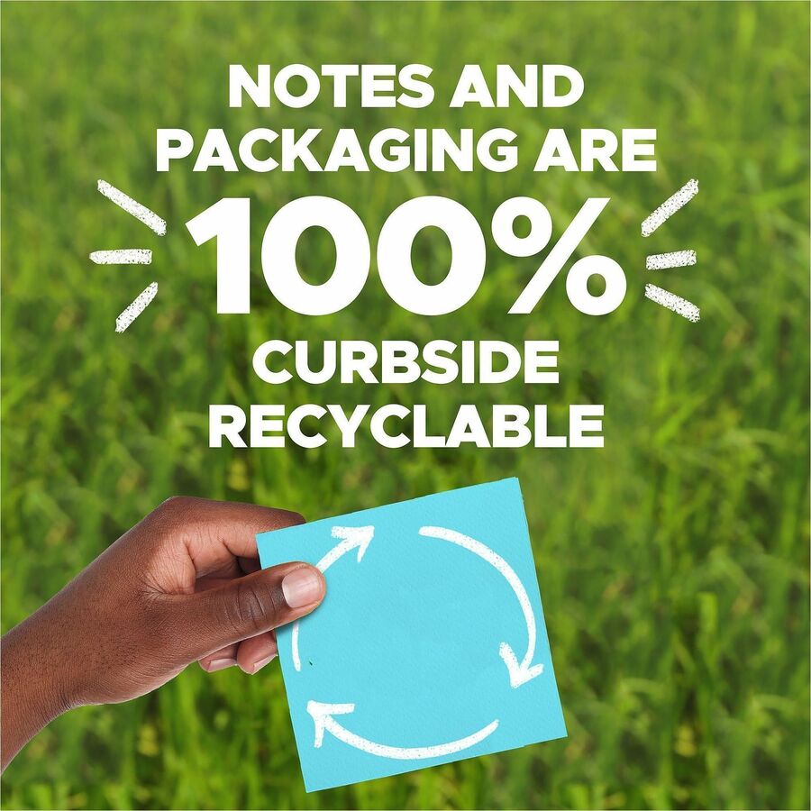 100% Recycled Paper Super Sticky Notes, 3" x 3", Oasis, 70 Sheets/Pad, 24 Pads/Pack