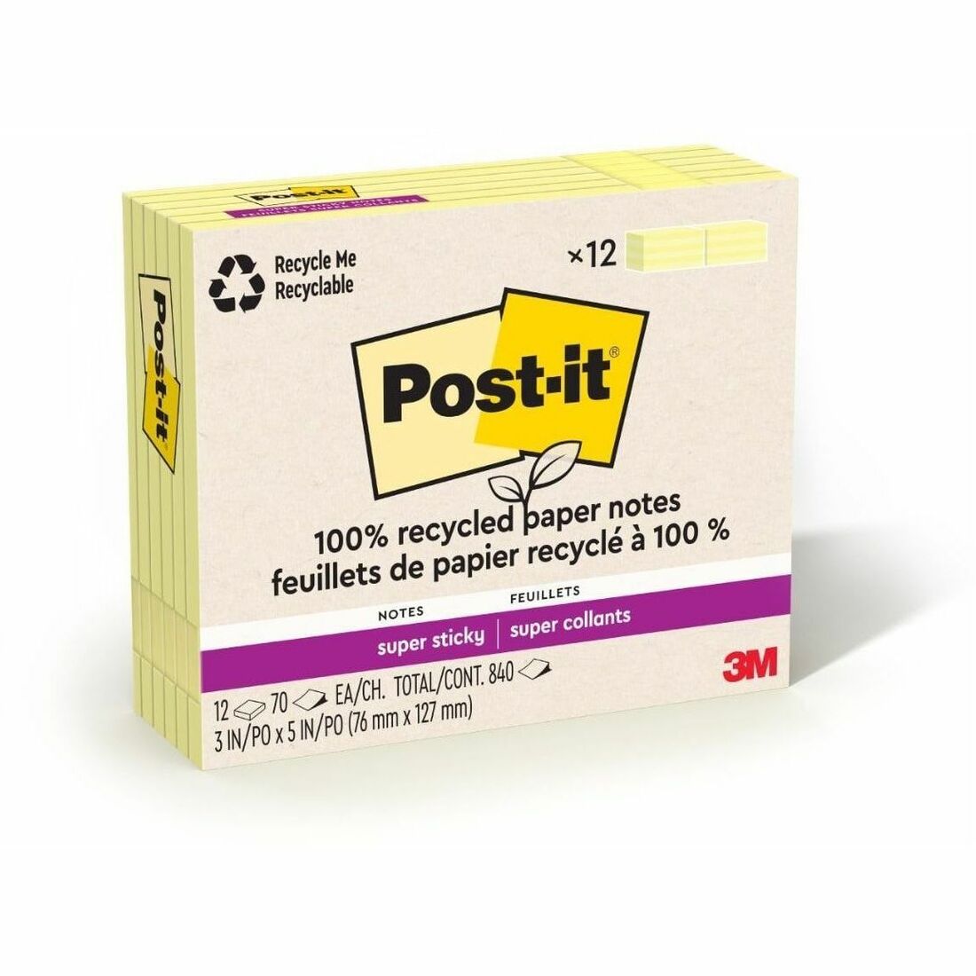 100% Recycled Paper Super Sticky Notes, 3" x 5", Canary Yellow, 70 Sheets/Pad, 12 Pads/Pack