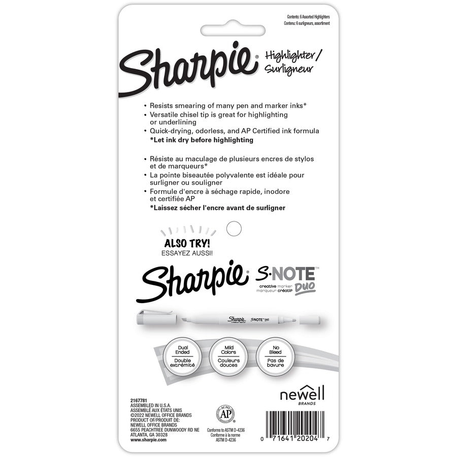 Sharpie Accent Highlighters w/Smear Guard - Chisel Marker Point Style - Assorted - 6 / Pack