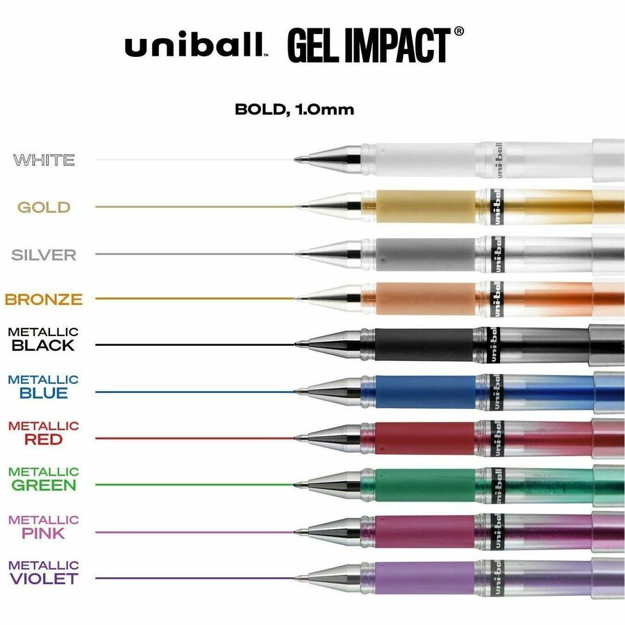 uniball Gel Impact Metallic Ink Pen - Bold Pen Point - 1 mm Pen Point Size - Assorted Gel-based Ink - 10 / Pack