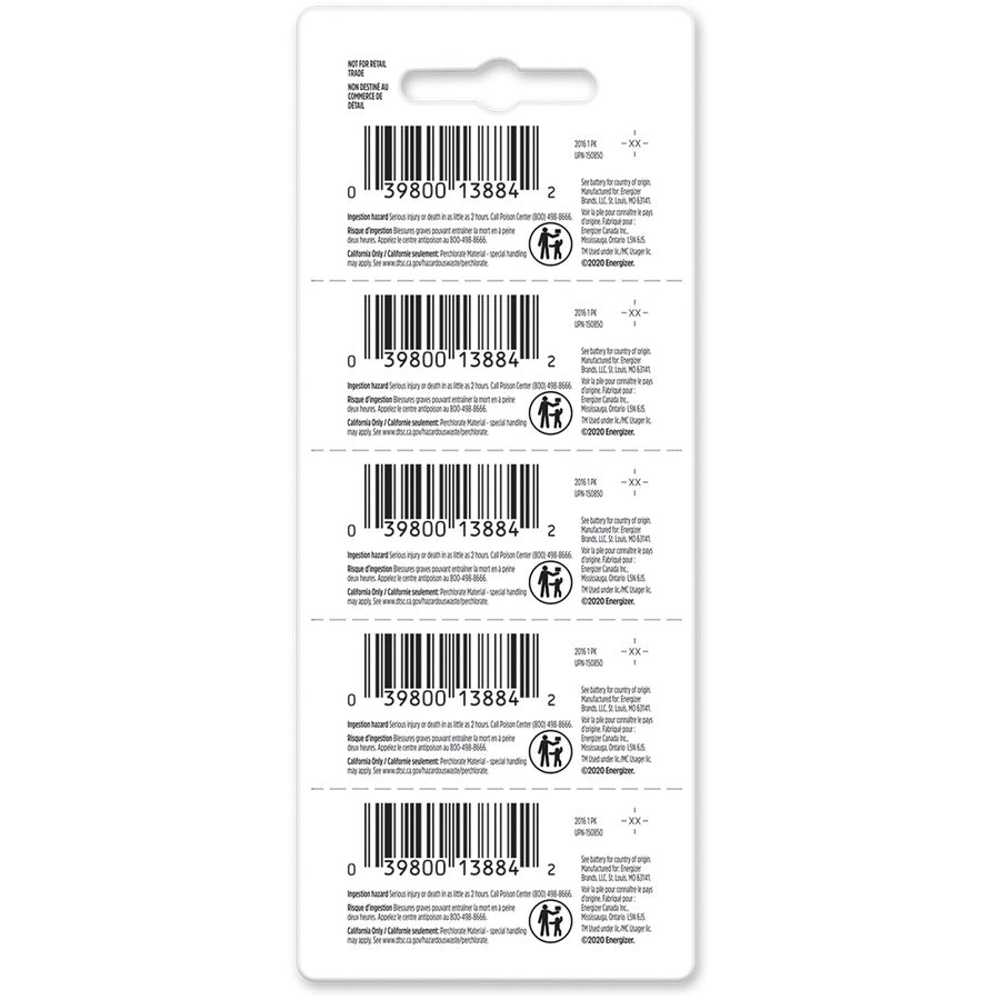 Energizer Industrial 2016 Lithium Battery 5-Packs - For Laser Pointer, Glucose Monitor, Digital Thermometer - CR2016 - 100 mAh - 20