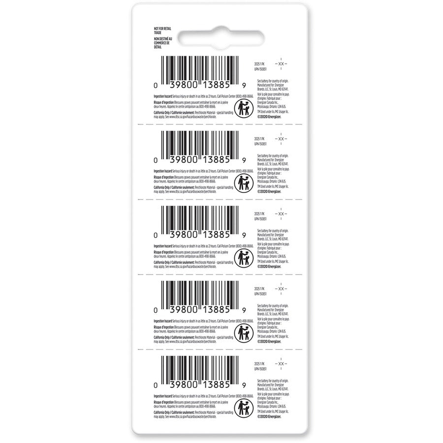 Energizer Industrial 2025 Lithium Battery 5-Packs - For Digital Thermometer, Laser Pointer, Glucose Monitor - CR2025 - 170 mAh - 20