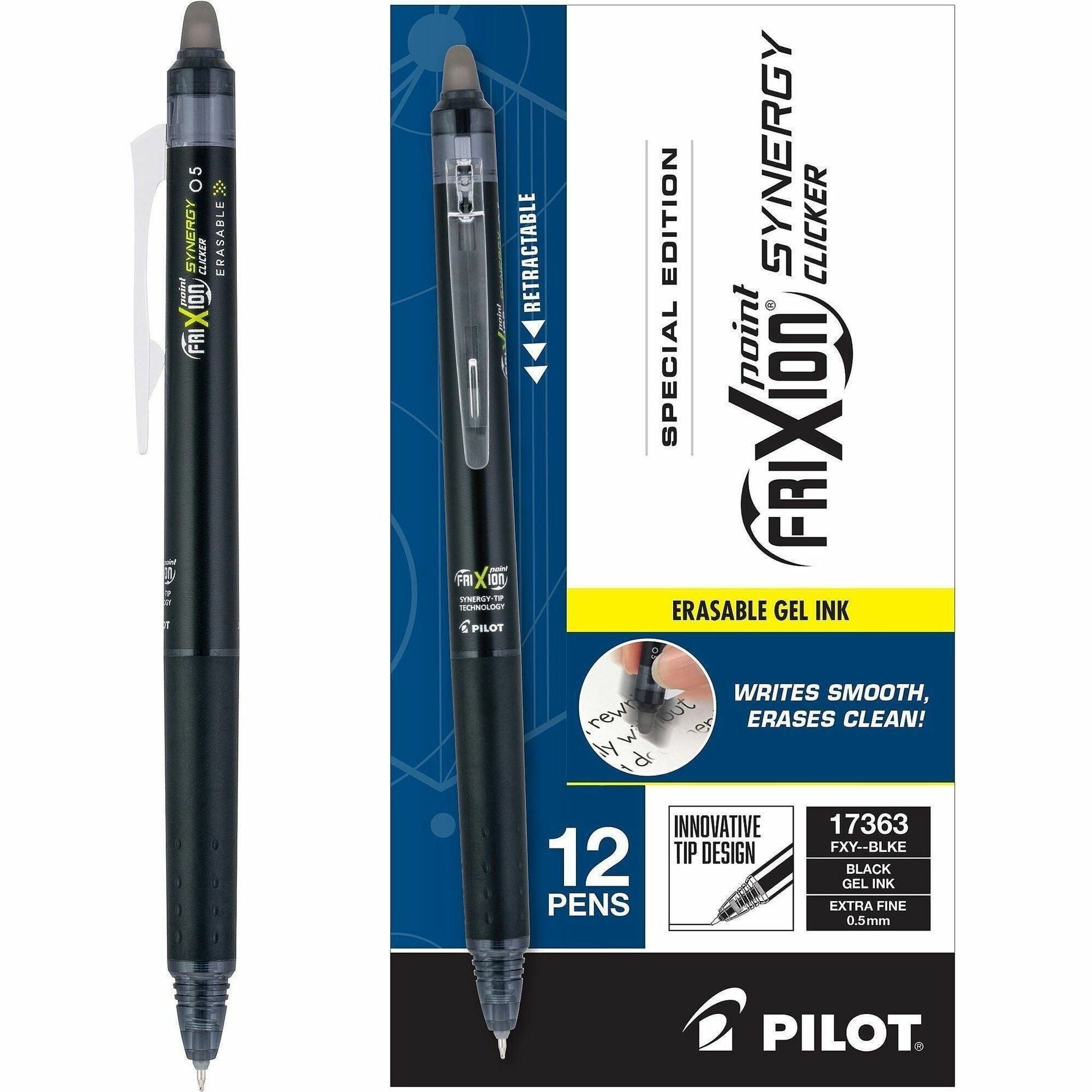 FriXion Synergy Clicker Erasable Gel Pen, Retractable, Extra-Fine 0.5 mm, Black Ink, Black/Smoke Barrel, Dozen