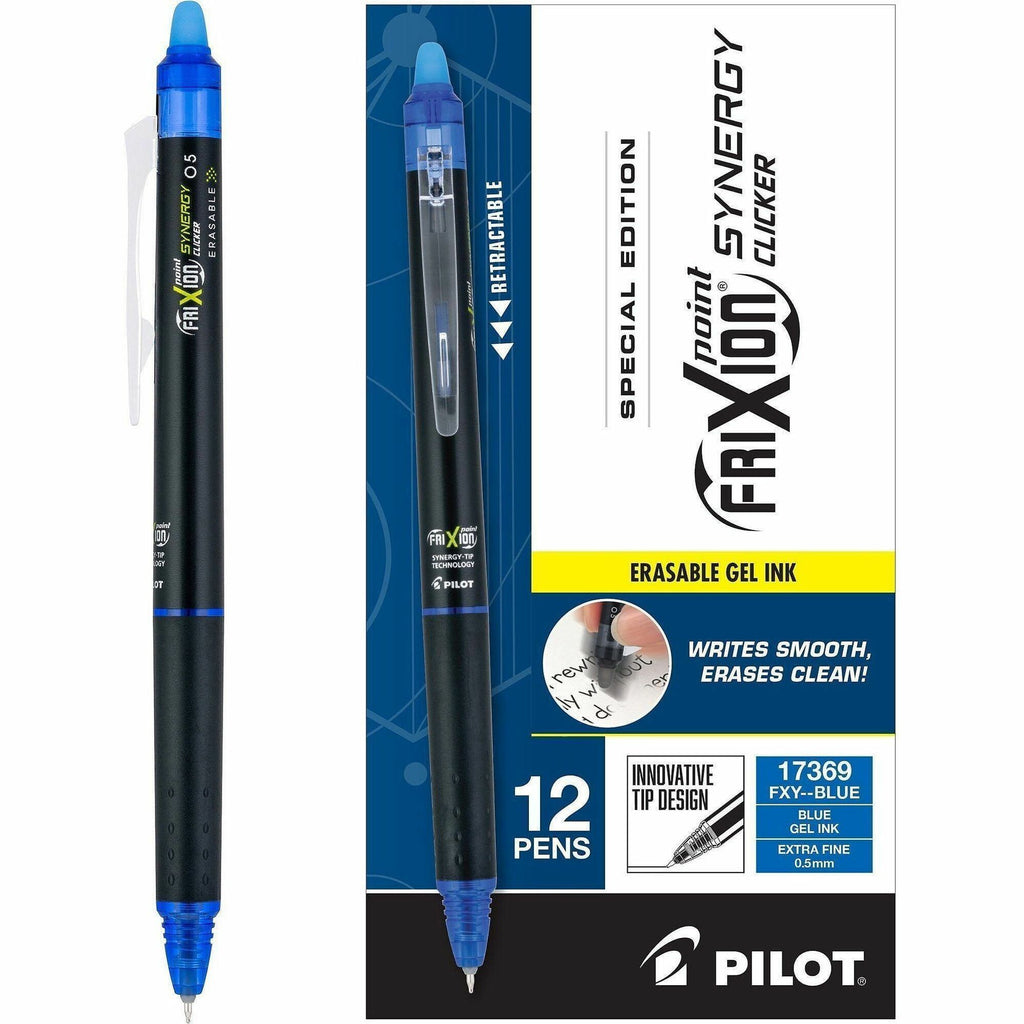FriXion Synergy Clicker Erasable Gel Pen, Retractable, Extra-Fine 0.5 mm, Blue Ink, Black/Blue Barrel, Dozen