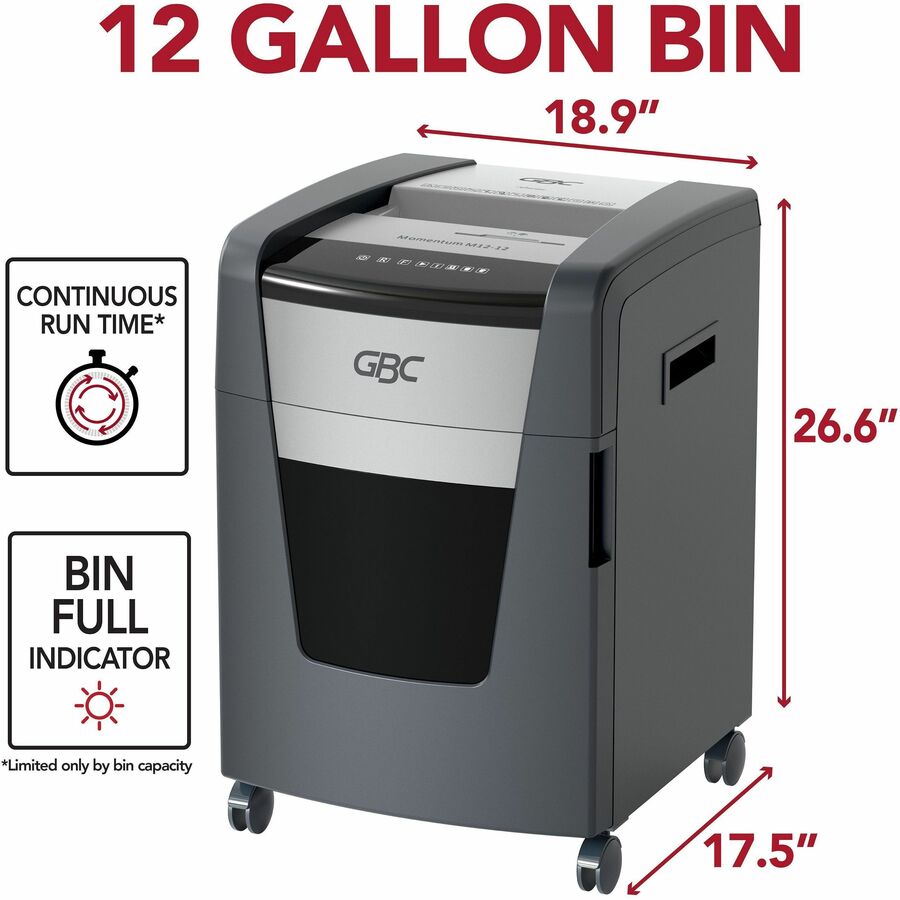 GBC Momentum Paper Shredder, M12-12, Micro-Cut, Anti-Jam, 12 Sheets - Continuous Shredder - Micro Cut - 12 Per Pass - for shredding CD, Credit Card, Junk Mail, Staples, Paper Clip, DVD - 0.078" x 0.594" Shred Size - 9" Throat - 12 gal Wastebin Capaci