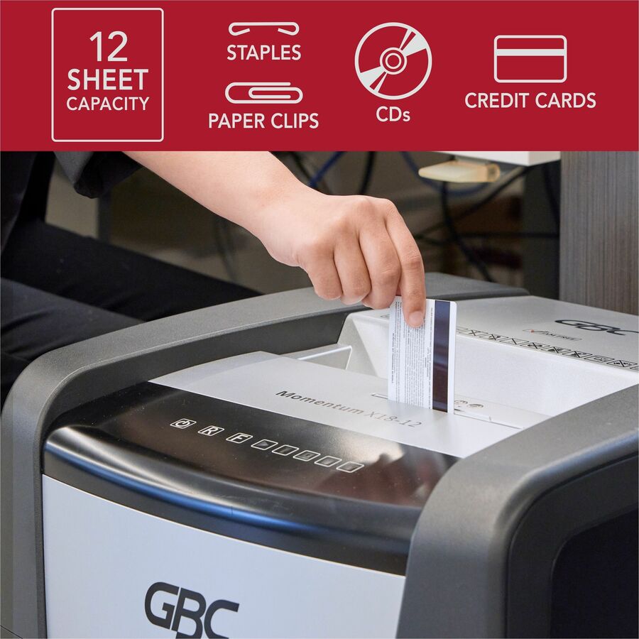 GBC Momentum Paper Shredder, M12-12, Micro-Cut, Anti-Jam, 12 Sheets - Continuous Shredder - Micro Cut - 12 Per Pass - for shredding CD, Credit Card, Junk Mail, Staples, Paper Clip, DVD - 0.078" x 0.594" Shred Size - 9" Throat - 12 gal Wastebin Capaci