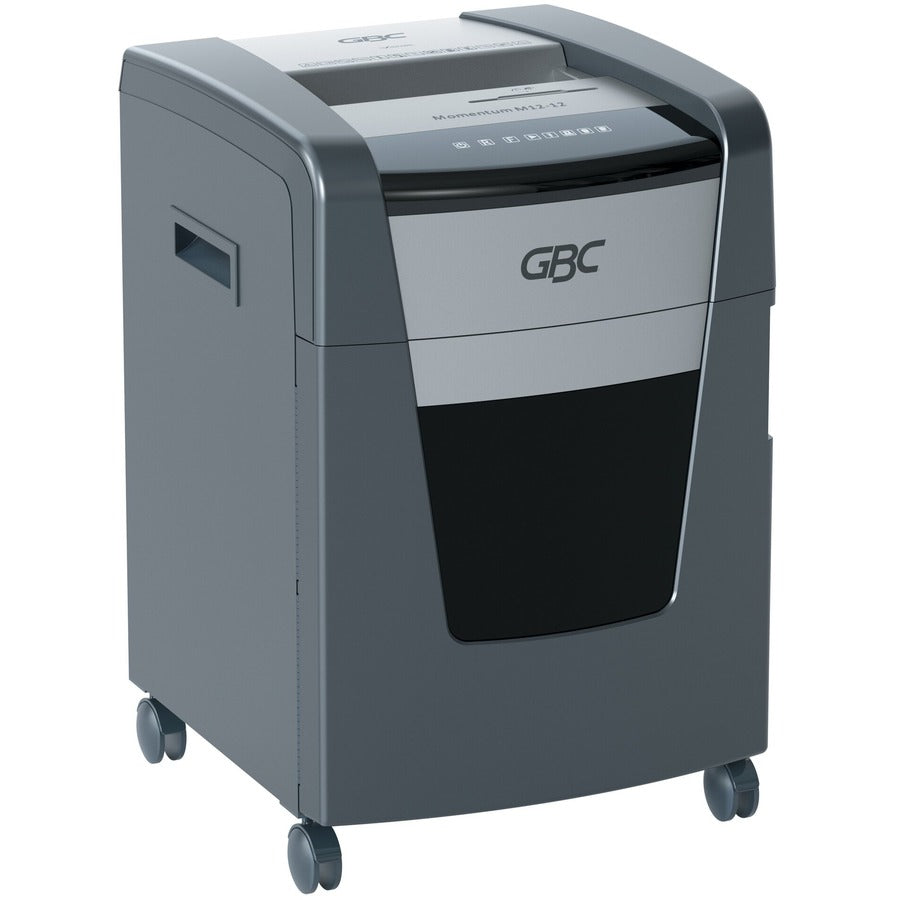 GBC Momentum Paper Shredder, M12-12, Micro-Cut, Anti-Jam, 12 Sheets - Continuous Shredder - Micro Cut - 12 Per Pass - for shredding CD, Credit Card, Junk Mail, Staples, Paper Clip, DVD - 0.078" x 0.594" Shred Size - 9" Throat - 12 gal Wastebin Capaci