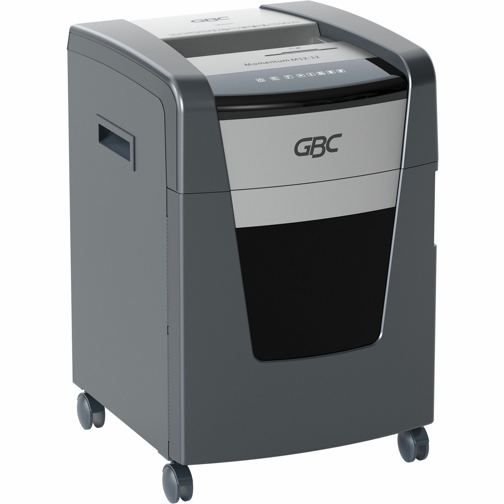 GBC Momentum Paper Shredder, M12-12, Micro-Cut, Anti-Jam, 12 Sheets - Continuous Shredder - Micro Cut - 12 Per Pass - for shredding CD, Credit Card, Junk Mail, Staples, Paper Clip, DVD - 0.078" x 0.594" Shred Size - 9" Throat - 12 gal Wastebin Capaci