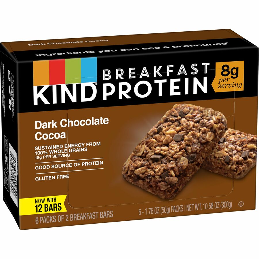 KIND Breakfast Protein Bars - Gluten-free, Dairy-free, Low Sodium, Trans Fat Free, Peanut-free - Dark Chocolate Cocoa - 1.76 oz - 6 / Box