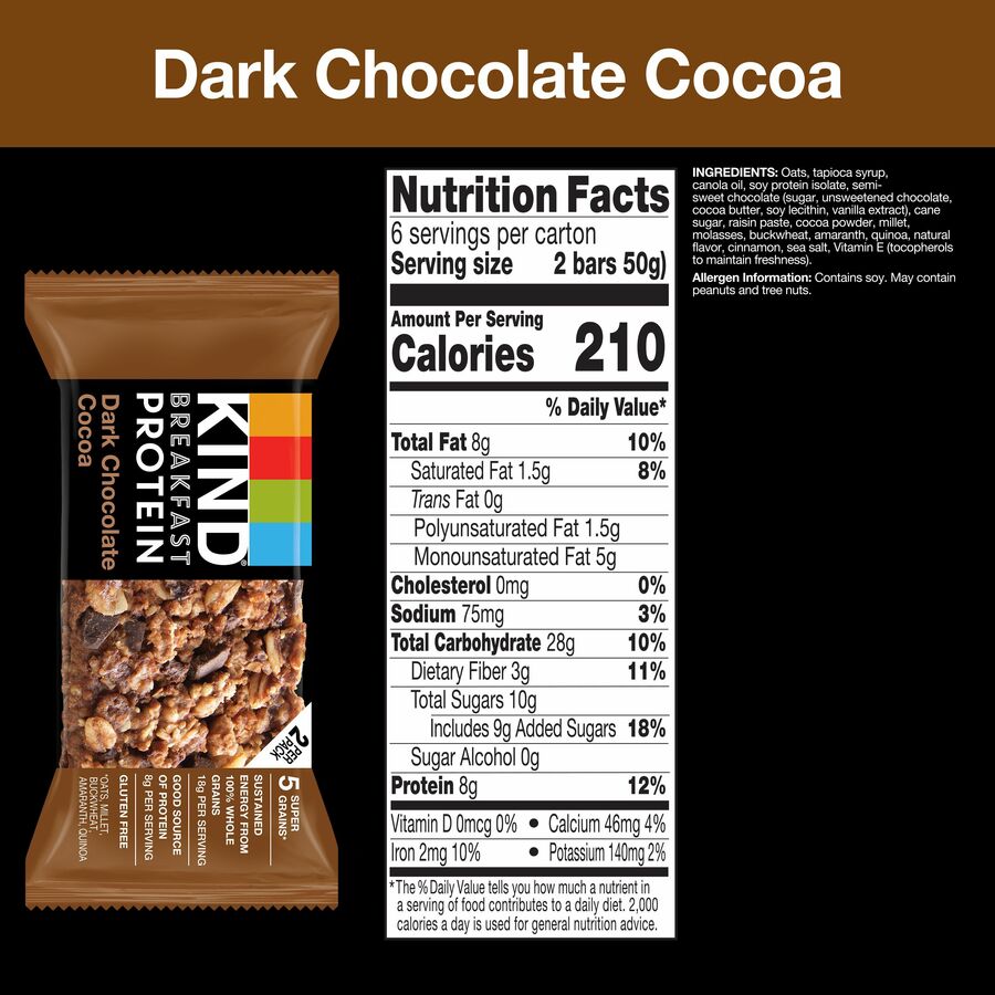 KIND Breakfast Protein Bars - Gluten-free, Dairy-free, Low Sodium, Trans Fat Free, Peanut-free - Dark Chocolate Cocoa - 1.76 oz - 6 / Box