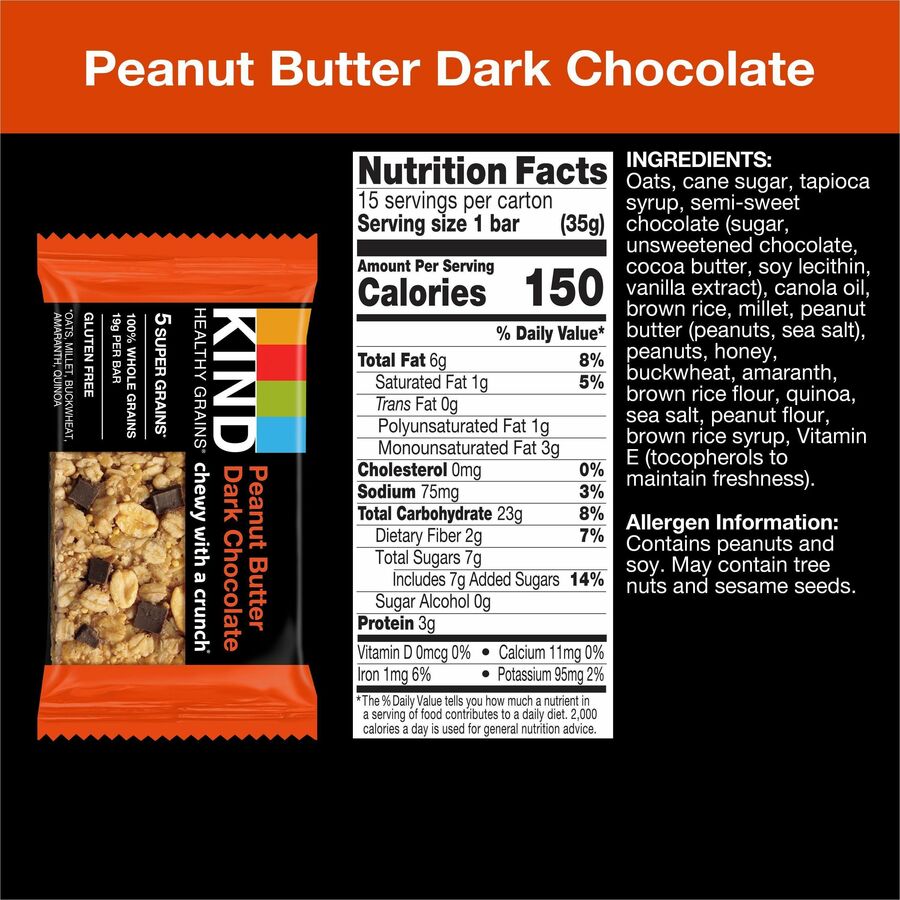 KIND Healthy Grains Bars - Trans Fat Free, Gluten-free, Low Sodium, Cholesterol-free - Peanut Butter Dark Chocolate - 1.20 oz - 15 / Box - 4