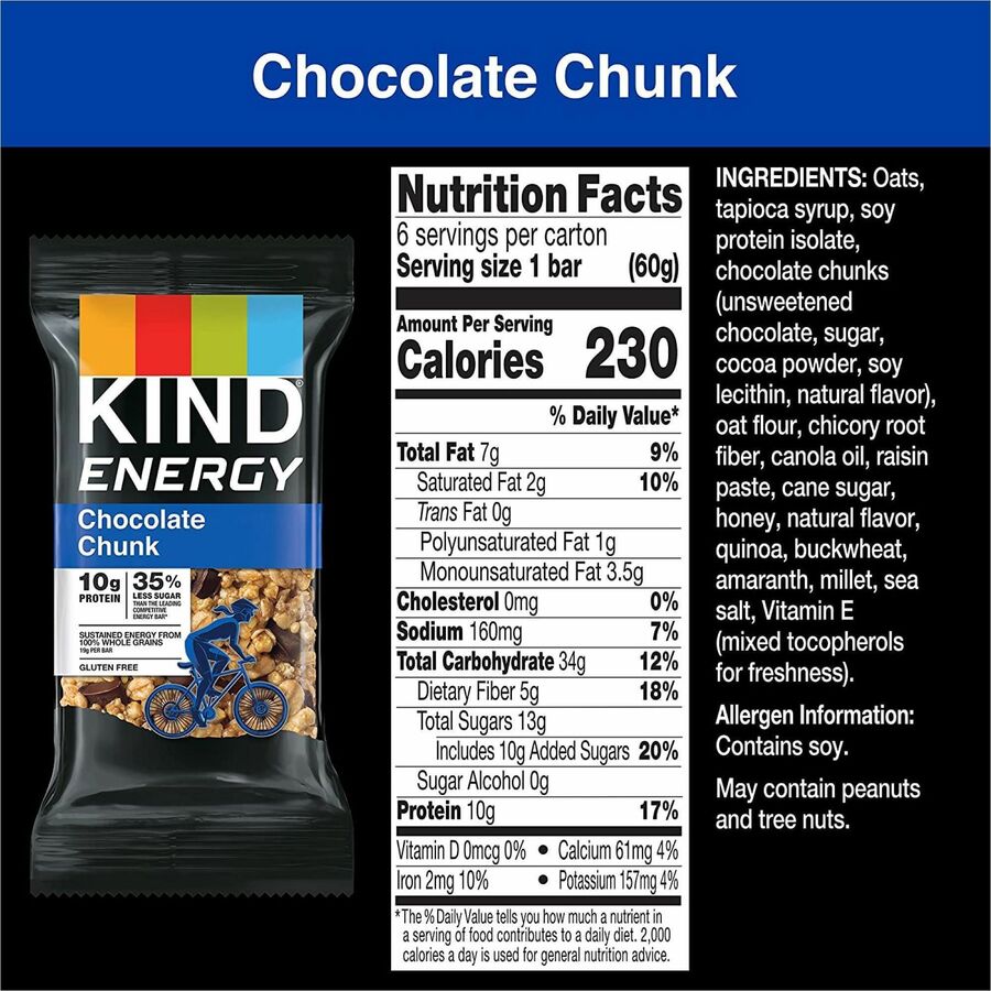 KIND Energy Bars - Trans Fat Free, Gluten-free, Individually Wrapped - Chocolate Chunk - 2.10 oz - 6 / Box