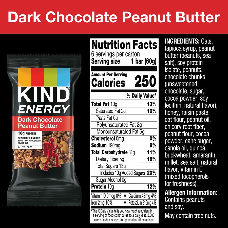 KIND Energy Bars - Trans Fat Free, Gluten-free, Individually Wrapped - Dark Chocolate Peanut Butter - 2.10 oz - 6 / Box