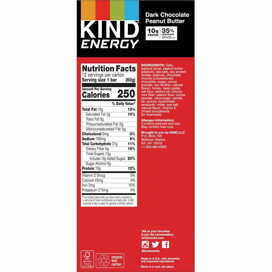 KIND Energy Bars - Trans Fat Free, Gluten-free, Individually Wrapped - Dark Chocolate Peanut Butter - 2.10 oz - 6 / Box