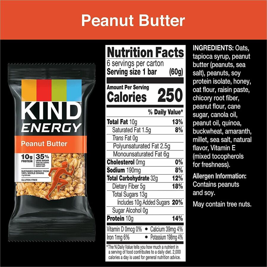 KIND Energy Bars - Trans Fat Free, Gluten-free, Individually Wrapped - Peanut Butter - 2.10 oz - 6 / Box