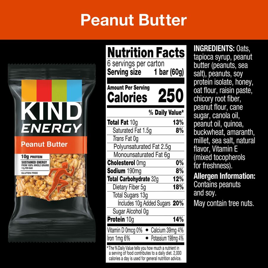 KIND Energy Bars - Trans Fat Free, Gluten-free, Individually Wrapped - Peanut Butter - 2.10 oz - 6 / Box