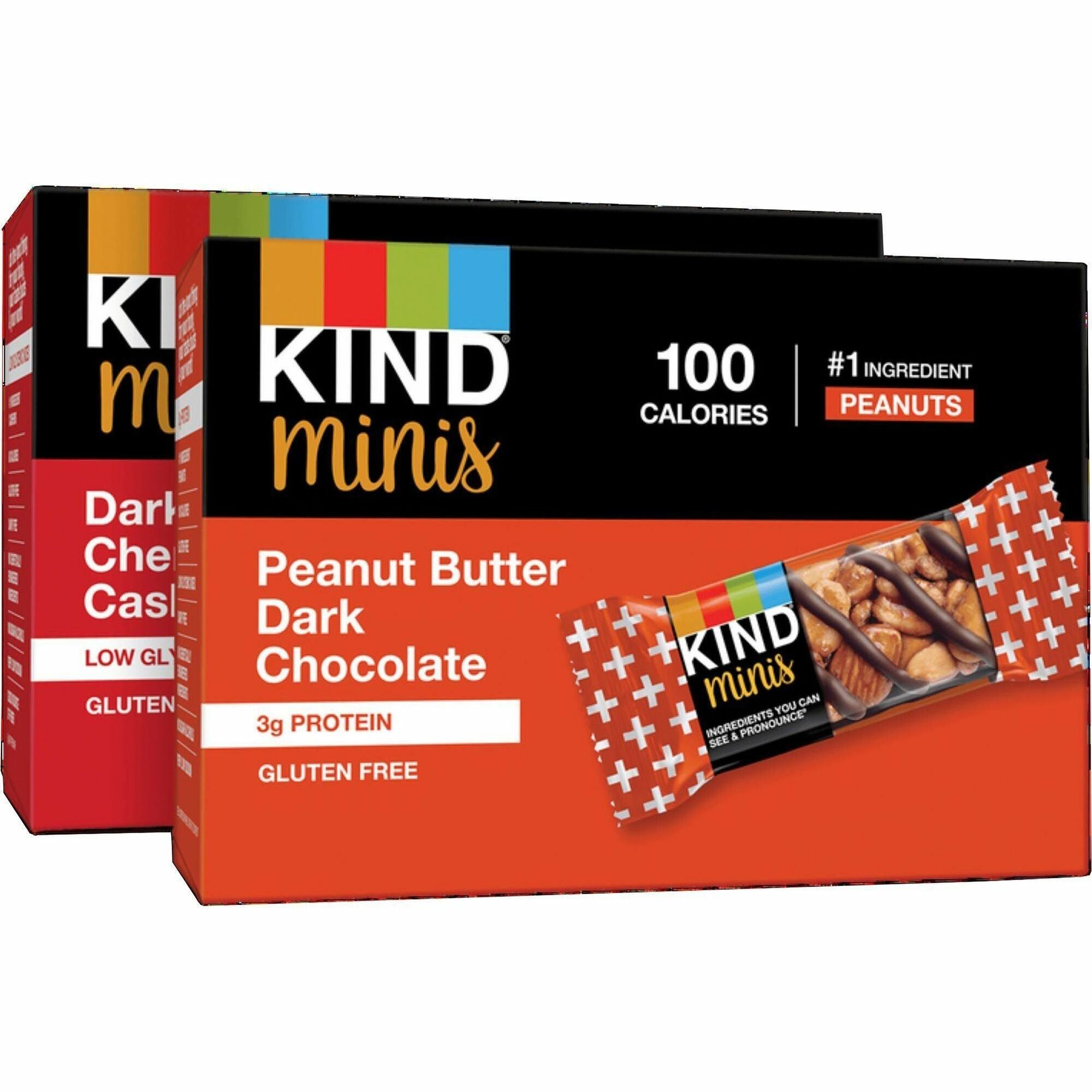 KIND Minis Snack Bar Variety Pack - Trans Fat Free, No Artificial Sweeteners, Gluten-free, Low Sodium, Low Glycemic - Peanut Butter Dark Chocolate, Dark Chocolate Cherry Cashew - 0.71 oz - 20 / Box - 1