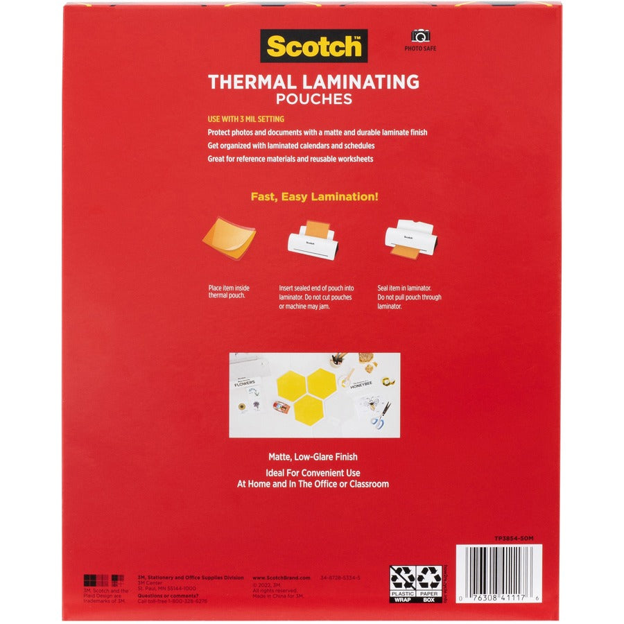 Scotch Laminating Pouch - Laminating Pouch/Sheet Size: 8.90" Width x 11.40" Length x 3 mil Thickness - for Laminator, Document, Award, Sign, Calendar, Certificate, Artwork, Schedule - Double Sided - Clear - 1 Pack