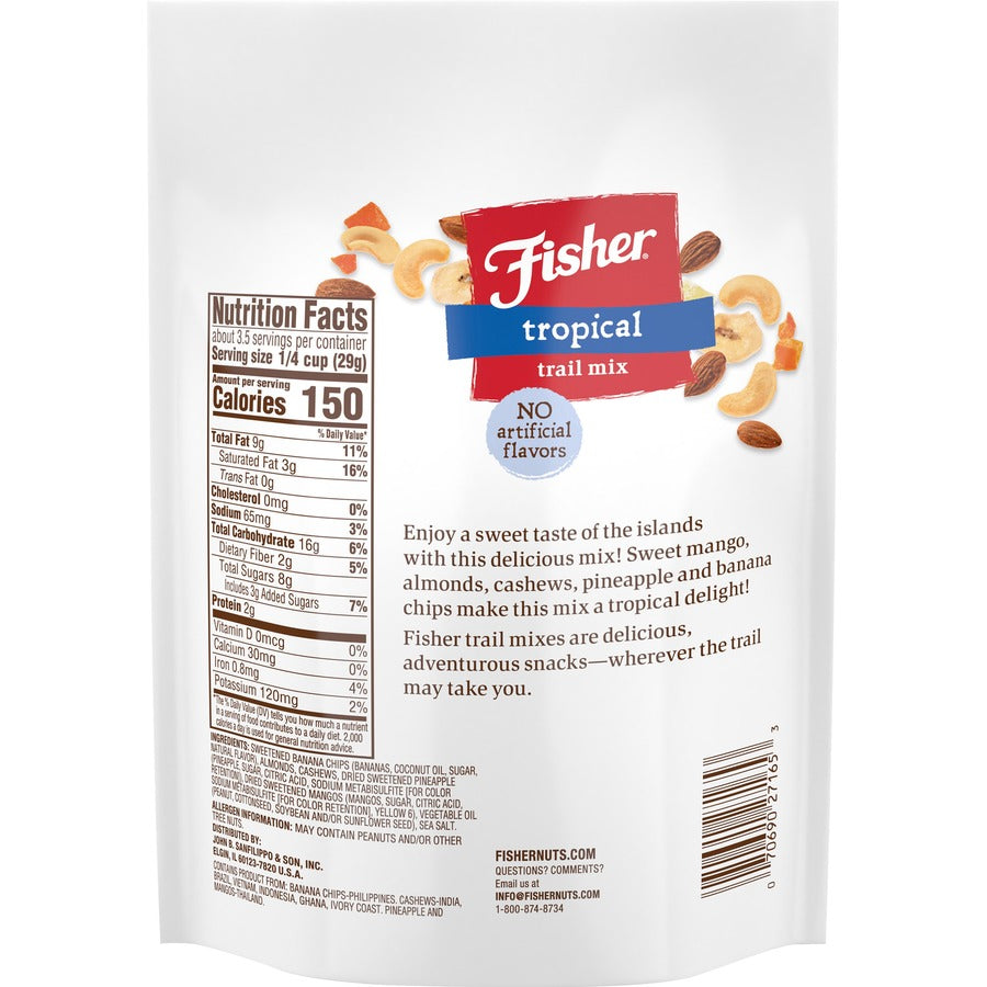 Fisher Tropical Trail Mix - No Artificial Color, Resealable Bag - Banana, Almond, Cashew, Pineapple, Mango - 1 Serving Bag - 3.50 oz - 6 / Carton