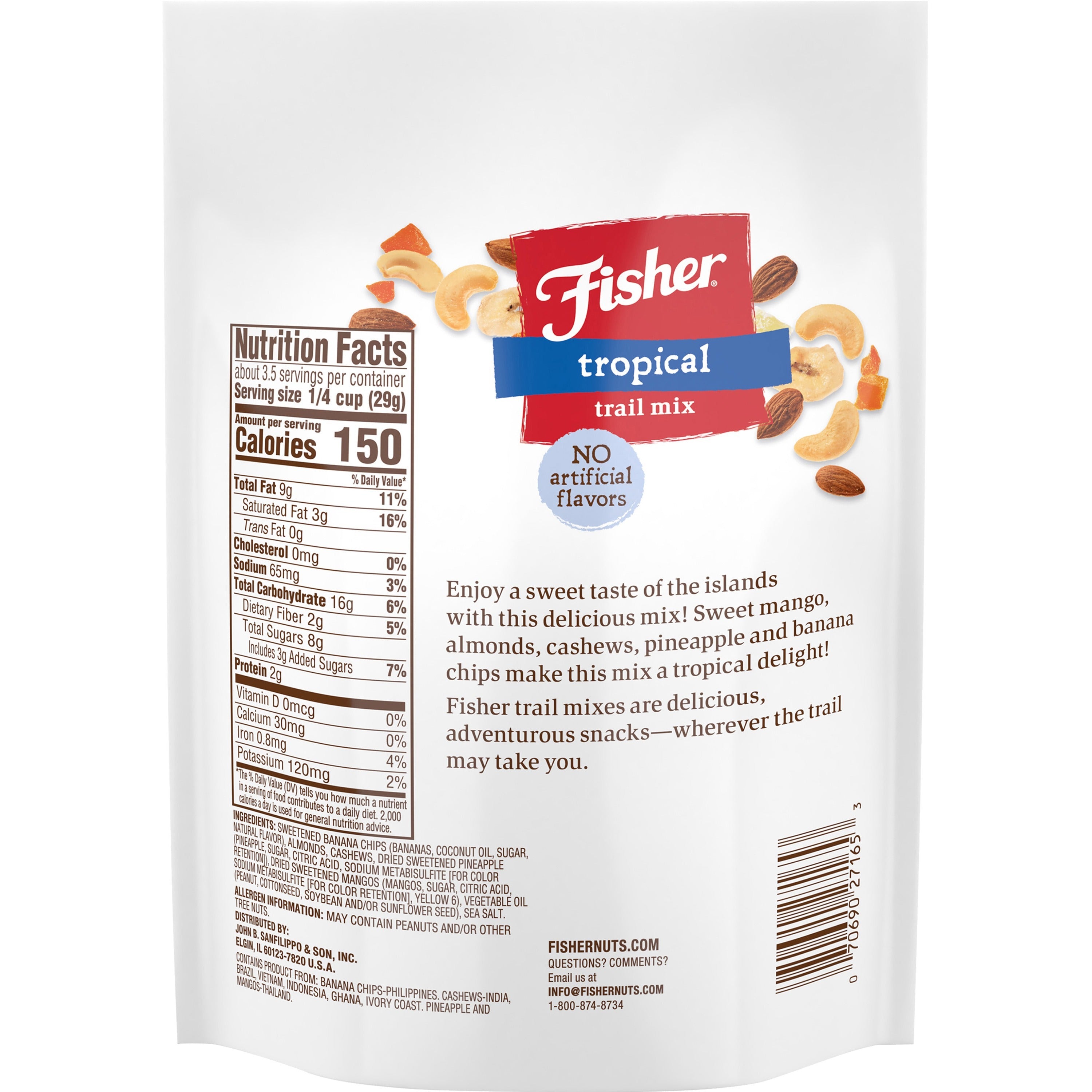 fisher-tropical-trail-mix-no-artificial-color-resealable-bag-banana-almond-cashew-pineapple-mango-1-serving-bag-350-oz-6-carton_jbsp27165 - 2