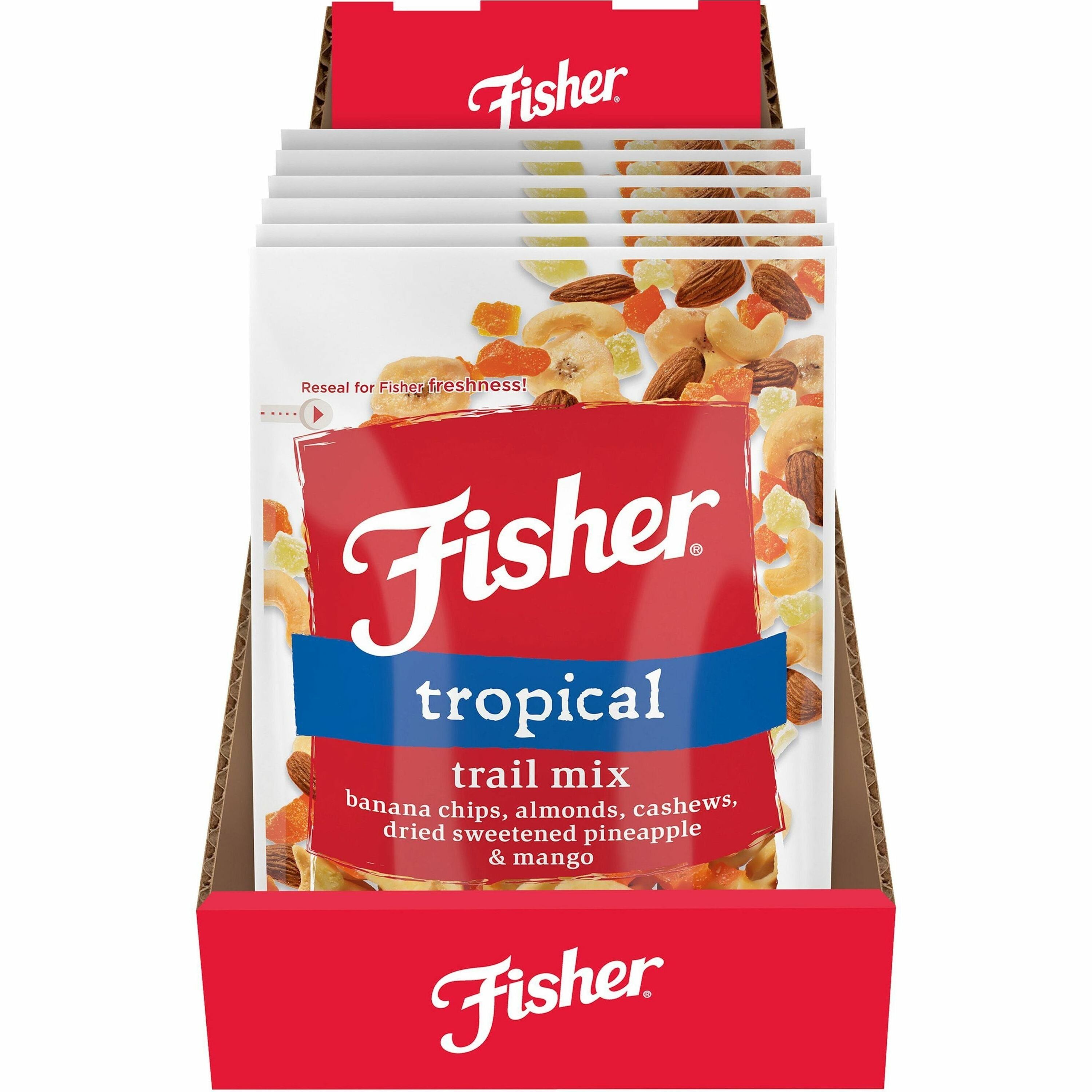 fisher-tropical-trail-mix-no-artificial-color-resealable-bag-banana-almond-cashew-pineapple-mango-1-serving-bag-350-oz-6-carton_jbsp27165 - 1