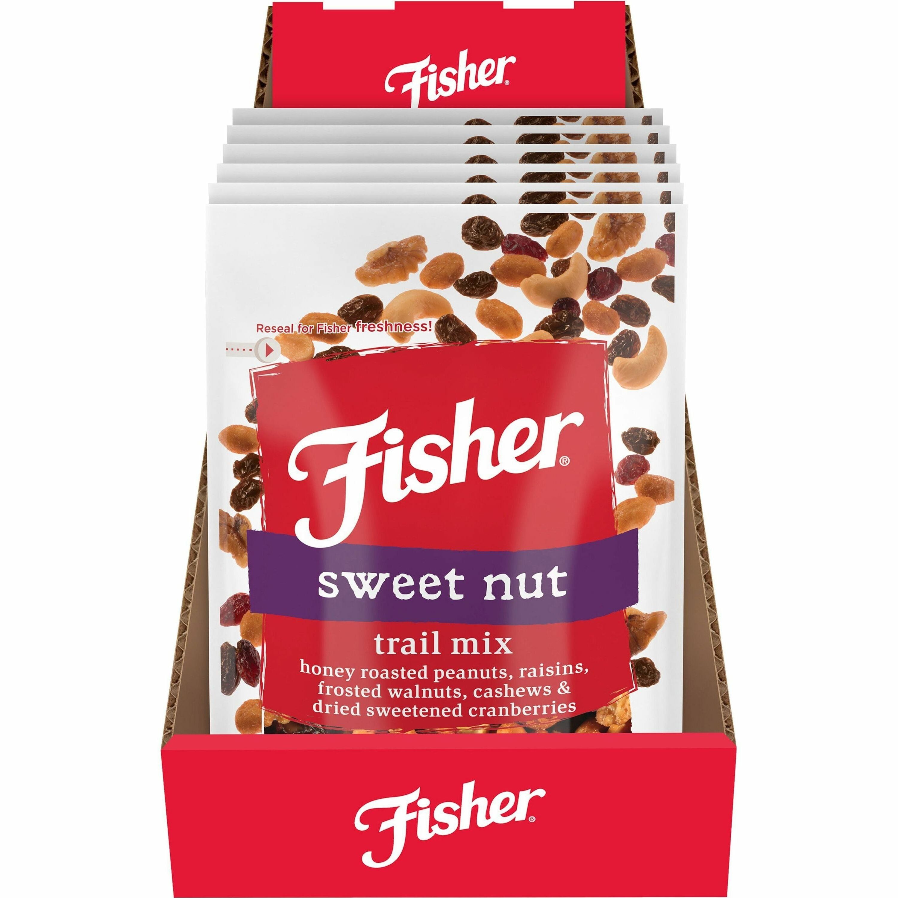 fisher-sweet-nut-mix-resealable-bag-honey-roasted-peanut-raisin-walnut-cashew-dried-cranberries-1-serving-bag-4-oz-6-carton_jbsp27169 - 1
