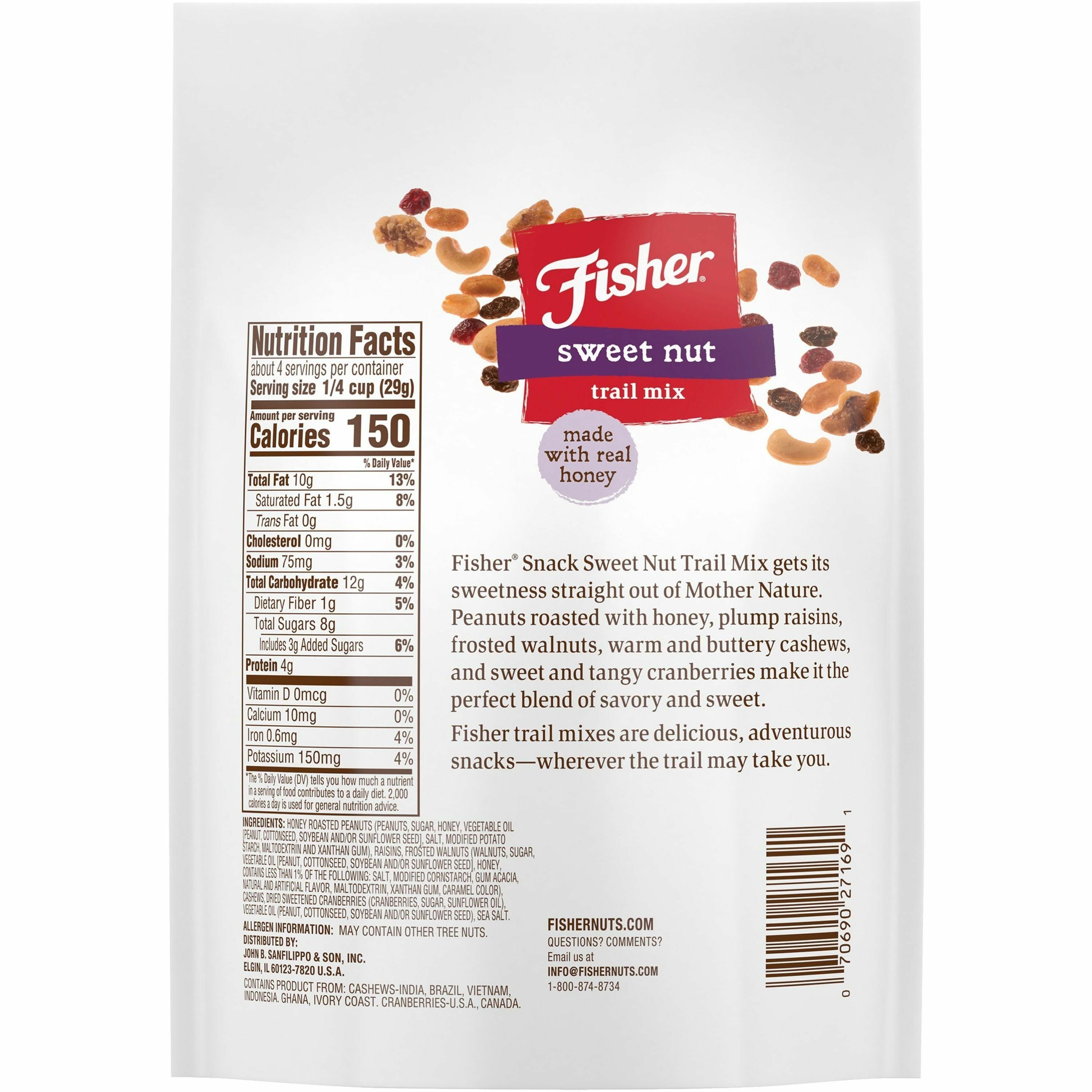 fisher-sweet-nut-mix-resealable-bag-honey-roasted-peanut-raisin-walnut-cashew-dried-cranberries-1-serving-bag-4-oz-6-carton_jbsp27169 - 2